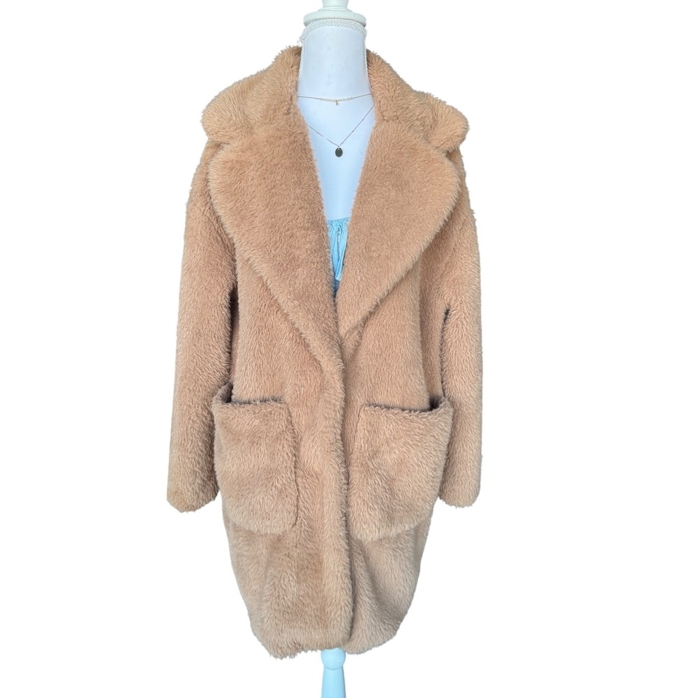 BCBGeneration Teddy Coat Camel Faux Fur Overcoat Sherpa Fleece Jacket Tan Small